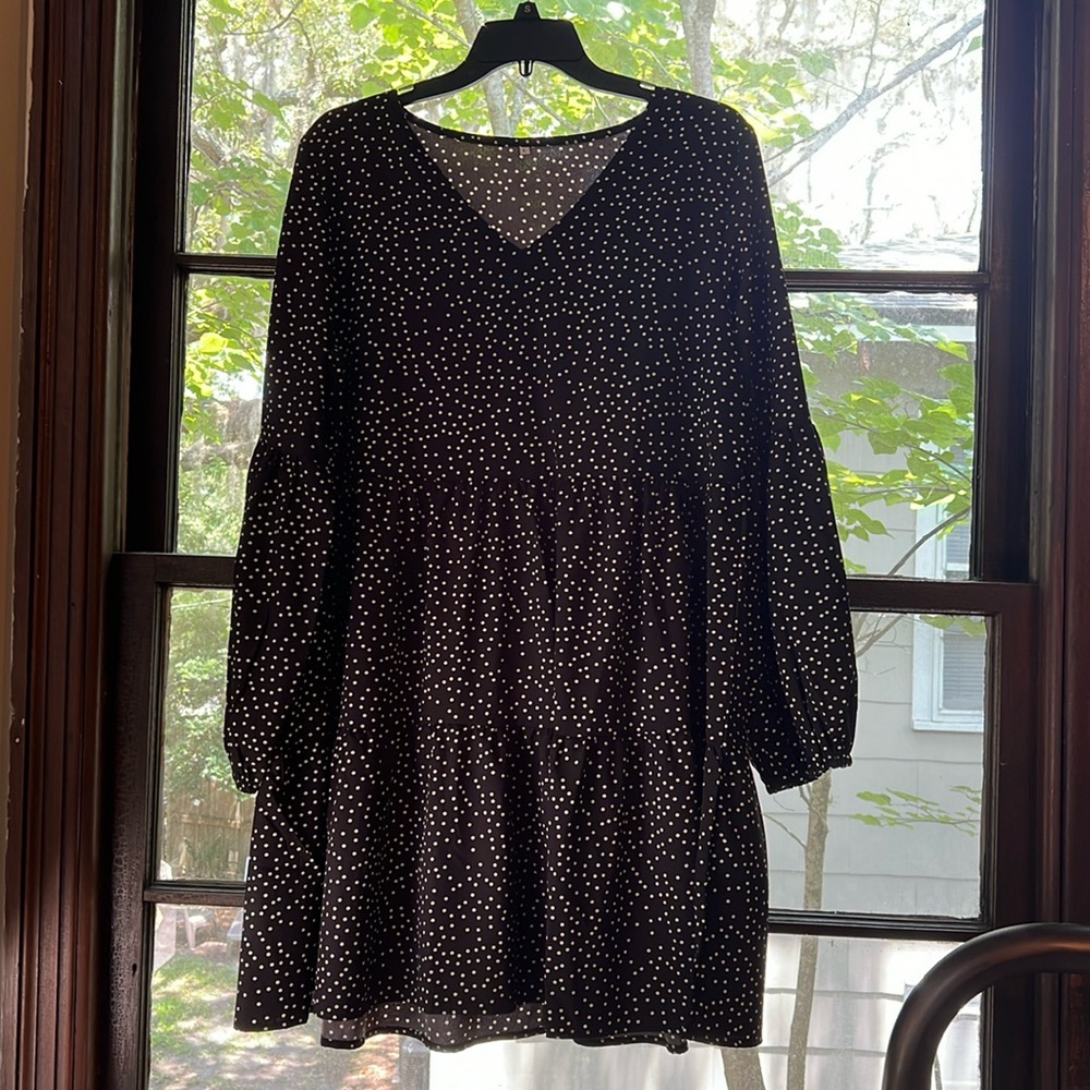 Amazon Tiered Dress. Black with White Polka Dots.